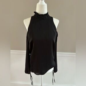NWOT BEBE High ruffle neck blouse with cut out shoulders zip back